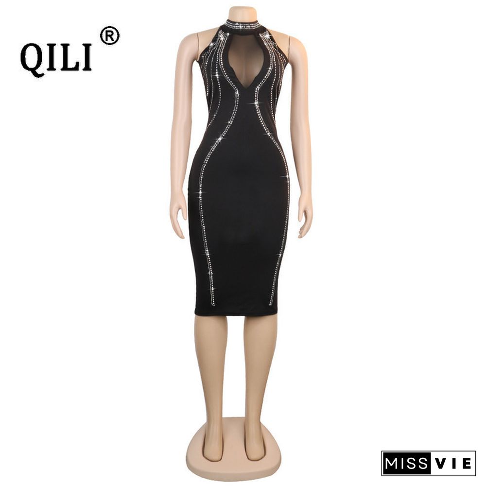 QILI Women Sexy Party Dress Sleeveless Backless Diamonds Rhinestone Dresses Black See Through Mesh Bodycon Dress Plus Size