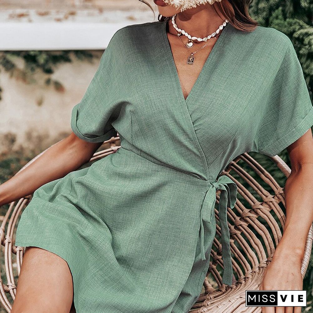 Chic Fashion Women Short Jumpsuit Dress Summer New V Neck Short Sleeve Solid Elastic Waist Lace-up Slim Women Mini Playsuit