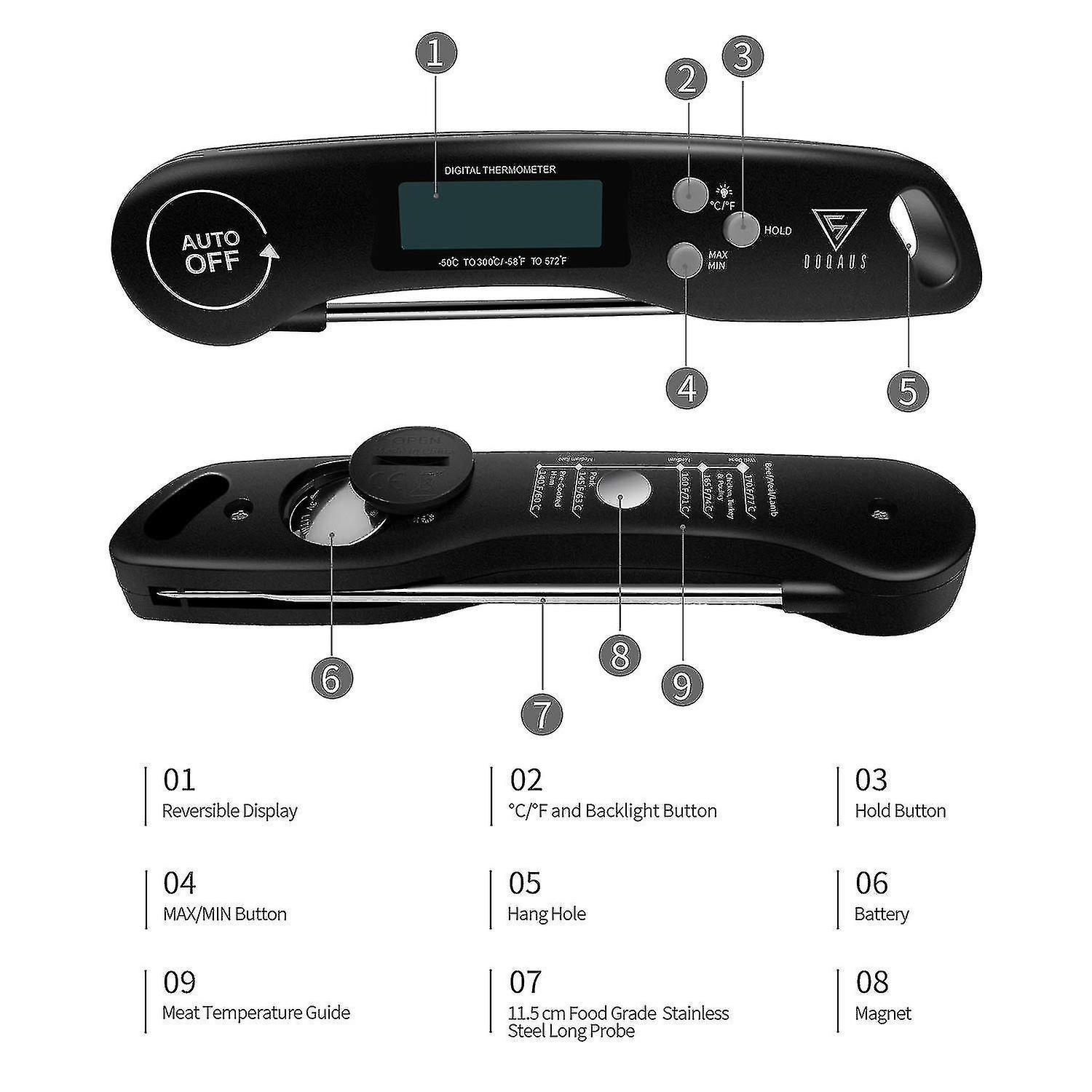 Kitchen Thermometer， 3s Instant Read Cooking Thermometer Meat Thermometer With Led Backlight Foldabl