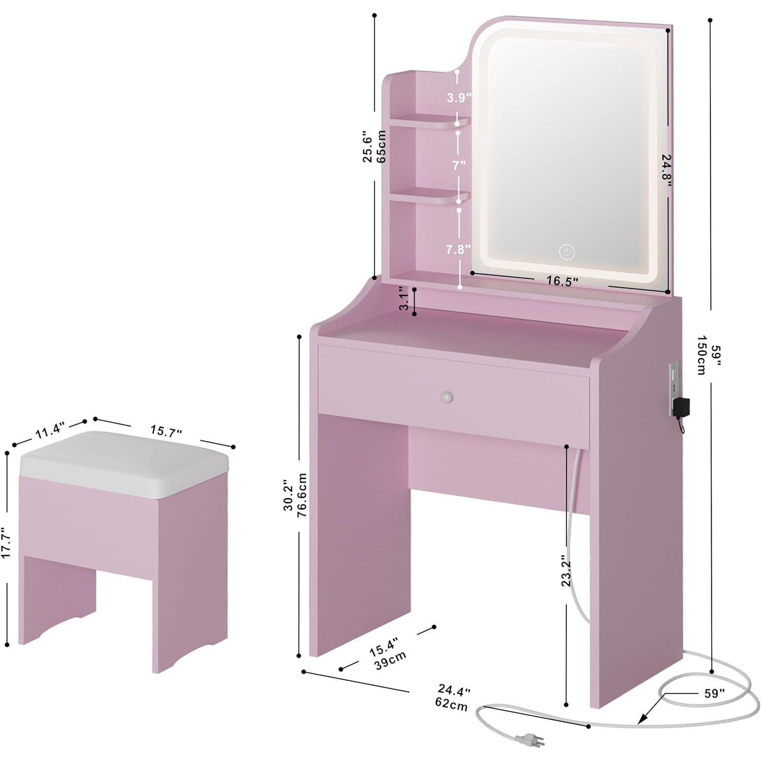 Makeup Vanity Desk with Upholstered Storage Stool Vanity Table Set with 1 Drawer, 3 Shelves, LED Light and USB Port