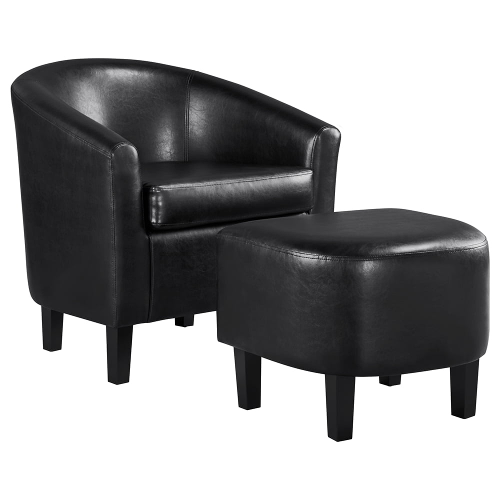 Easyfashion Contemporary Faux Leather Club Chair and Ottoman Set, Black