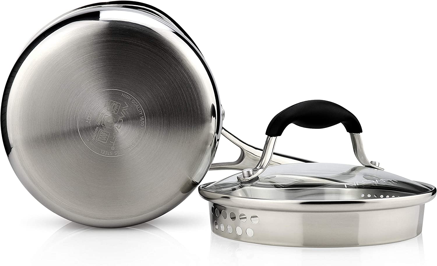 AVACRAFT Tri-Ply Stainless Steel Saucepan with Glass Strainer Lid， Two Side Spouts， Ergonomic Handle， Multipurpose Sauce Pan with Lid， Sauce Pot， Cooking Pot (Tri-Ply Full Body， 1.5 Quart)