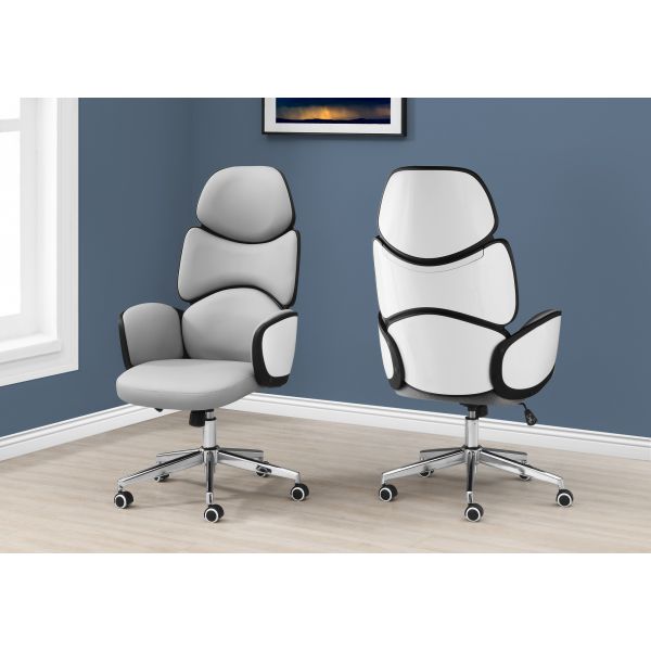 Office Chair， Adjustable Height， Swivel， Ergonomic， Armrests， Computer Desk， Work， Grey Leather Look， Chrome Metal， Contemporary， Modern