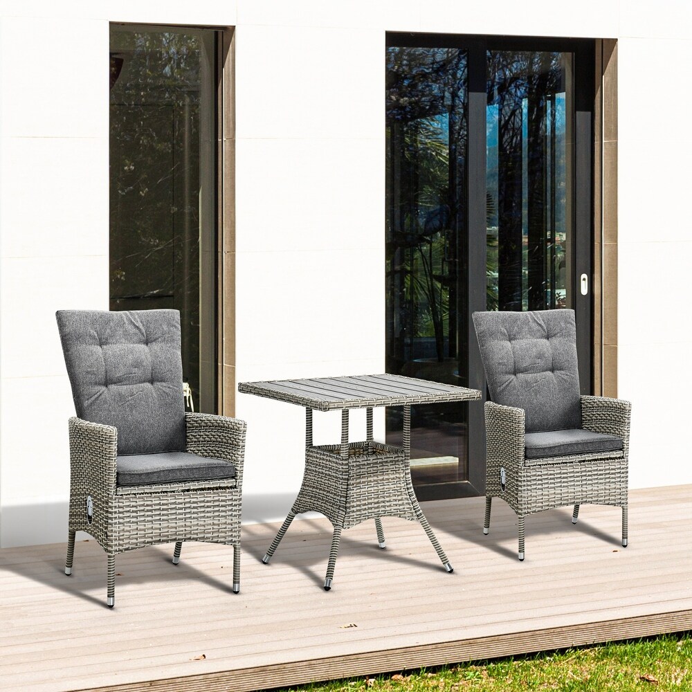 Outsunny 3 Pieces Patio PE Rattan Sofa Set  Outdoor Recliner Chairs Wood Grain plastic Top Coffee Table