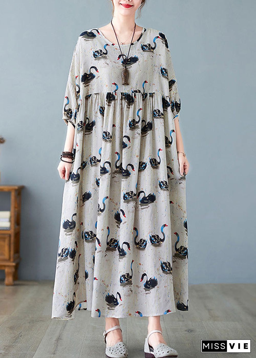 Handmade Black O-Neck Swan Print Patchwork Cotton Maxi Dresses Half Sleeve