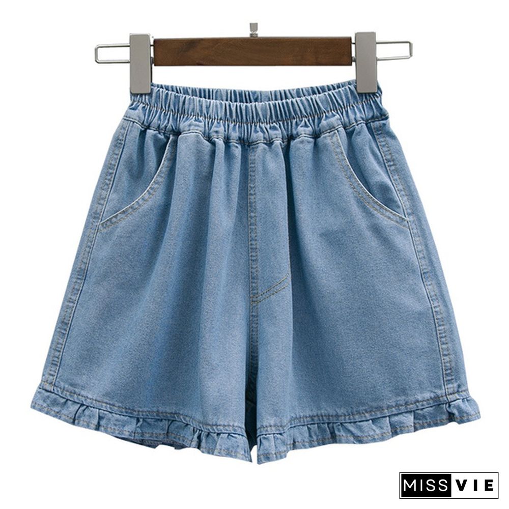 Women Denim Shorts Pants Mini Loose Causal Ruffle Elastic Waist Summer Plus Size