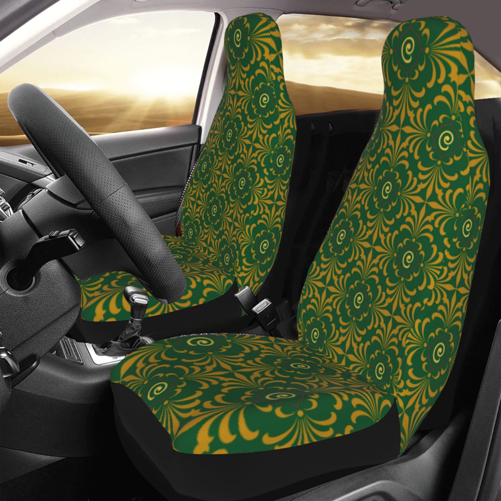 TEQUAN Front Seat Covers， Green Yellow Leaves Pattern 2 Piece Car Seat Cover Fit Most Car SUV Truck Van