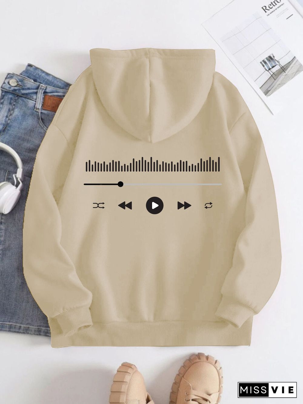 Printed on the Back Kangaroo Pocket Hoodie Long Sleeve for Women Pattern Music Player