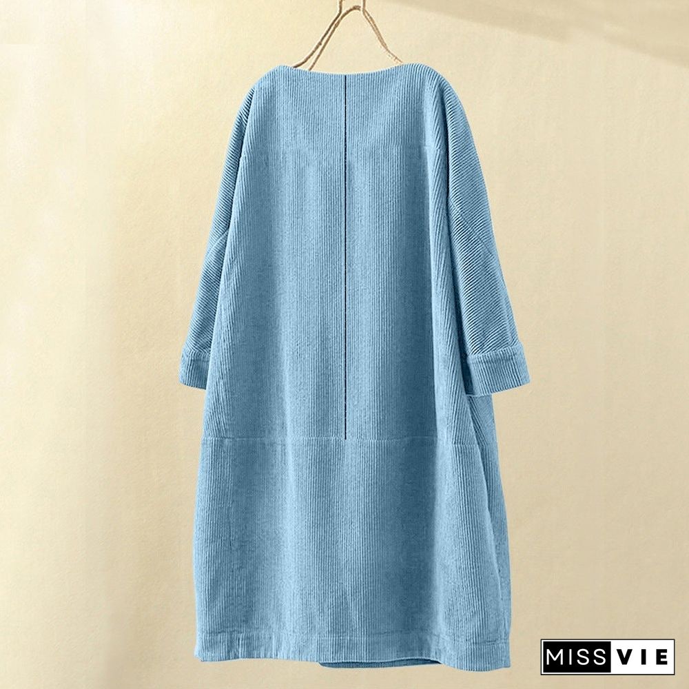 Pleated Long Sleeve Casual Solid Casualdress Linen