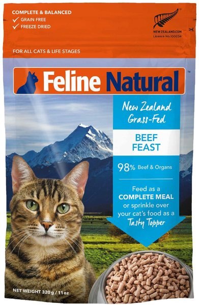 Feline Natural Beef Grain-Free Freeze-Dried Cat Food， 11-oz bag