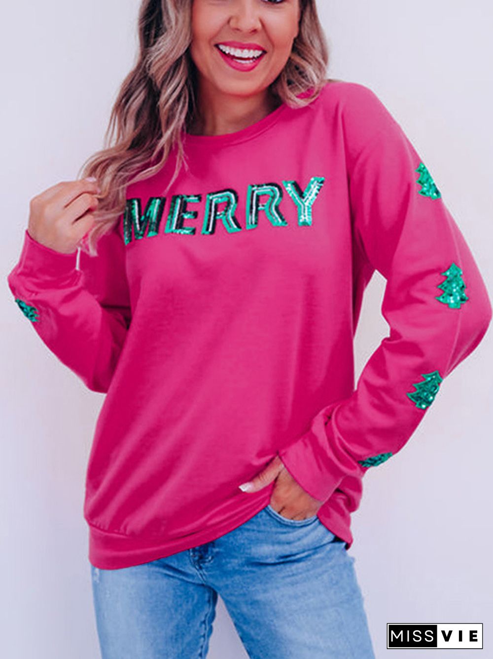 Contrast Color Sequin Crew Neck Sweatshirt