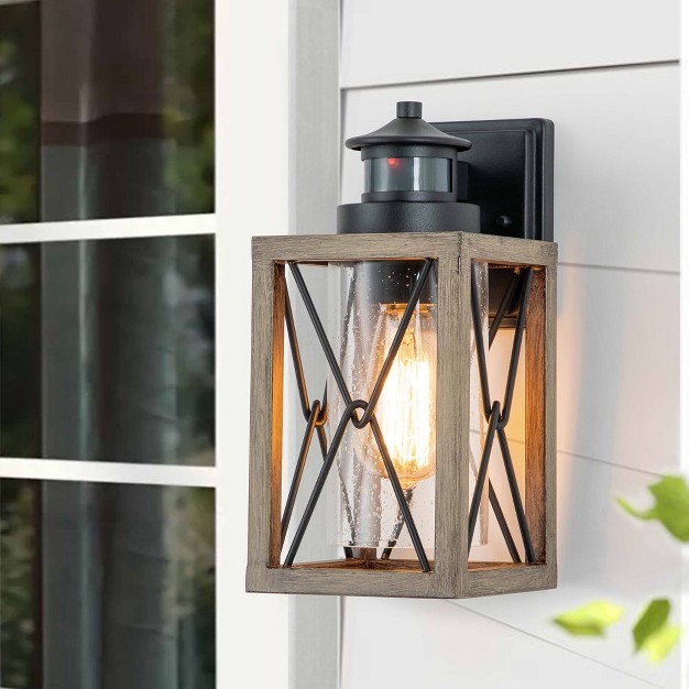 C Cattleya 1 light Black And Faux Wood Motion Sensing Dusk To Dawn Outdoor Wall Light With Clear Seeded Glass