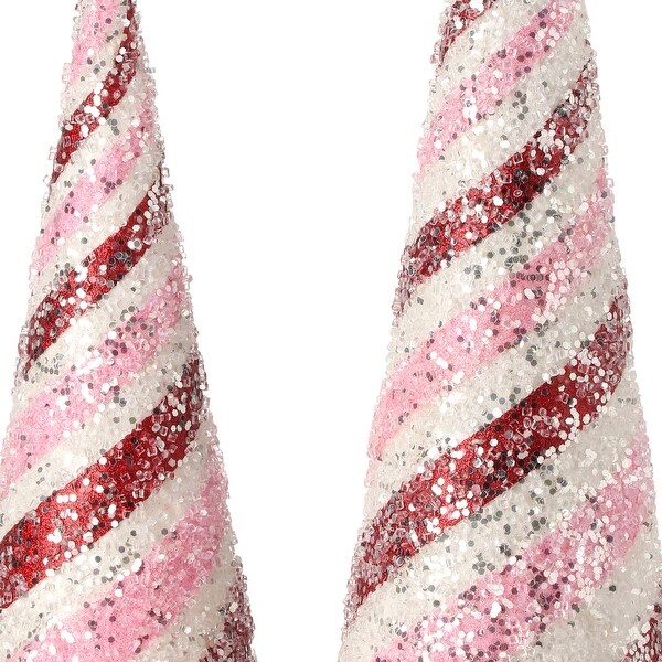 1418 Glitter Iced Striped Cone Tree Set of 2