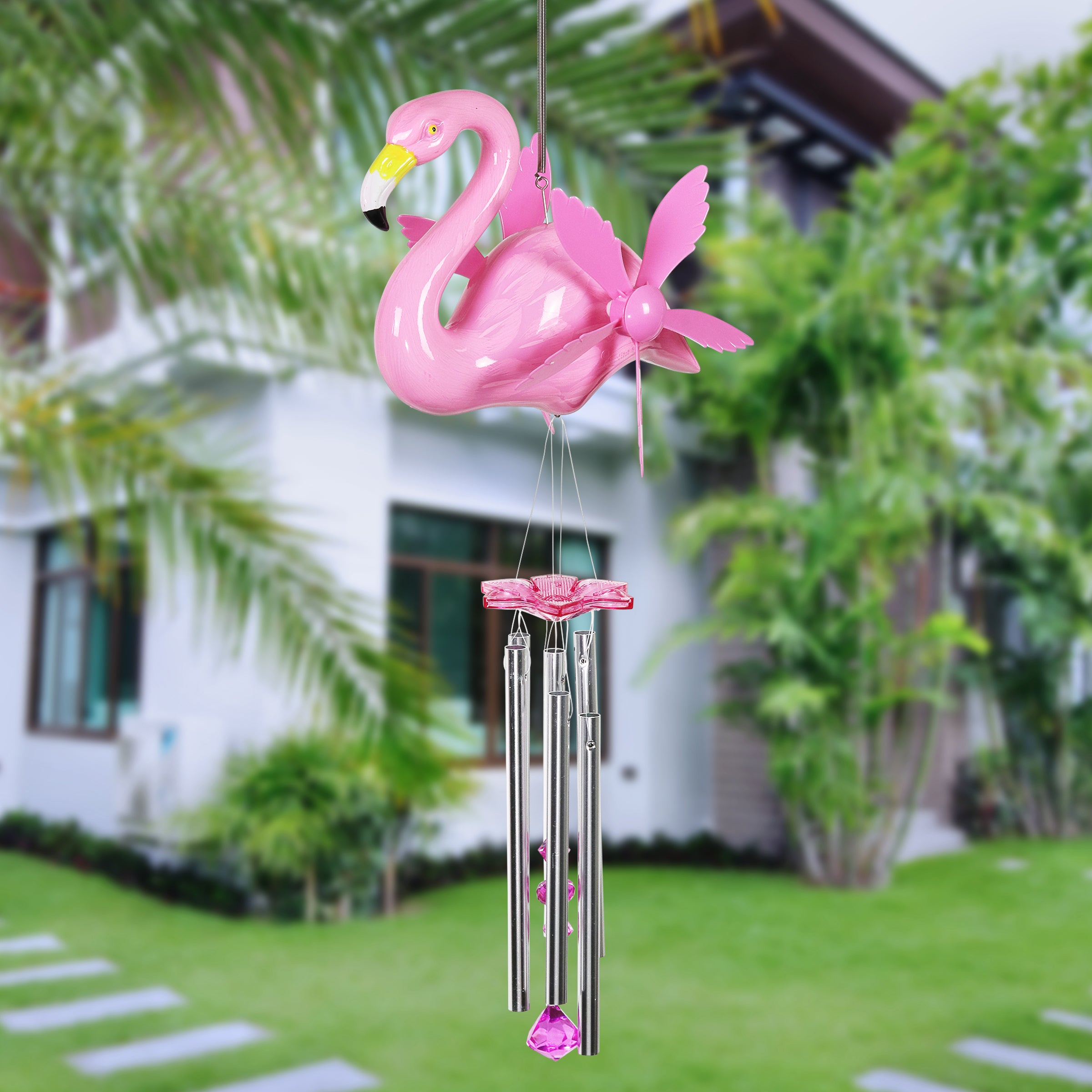 Exhart Large WindyWings Whirligig Pink Flamingo Spinning Wind Chime ， 11 by 24 inch， Plastic for Home décor， Patio， Outdoor Indoor Gardening Yard Pathway Decoration