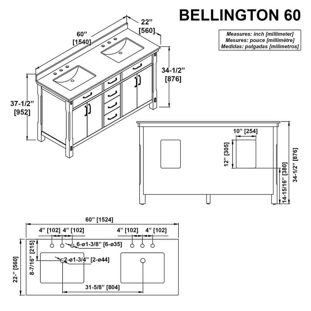 Home Decorators Collection Bellington 60 in W x 22 in D x 345 in H Bath Vanity in Almond Toffee with White Engineered Stone Top