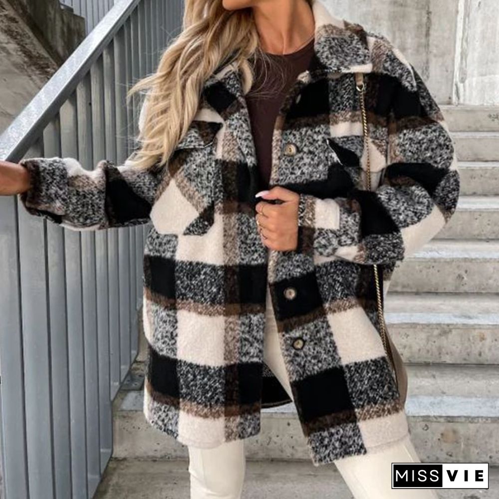 Women Elegant Plaid Print Fleece Straight Jackets Fashion Lapel Collar Button Loose Coats Casual Long Sleeve Straight Outerwear