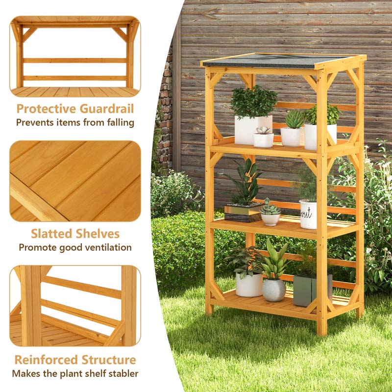 54'' Tall 3-Tier Wooden Plant Stand with Weatherproof Asphalt Roof, DIY Painting Outdoor Storage Shelves