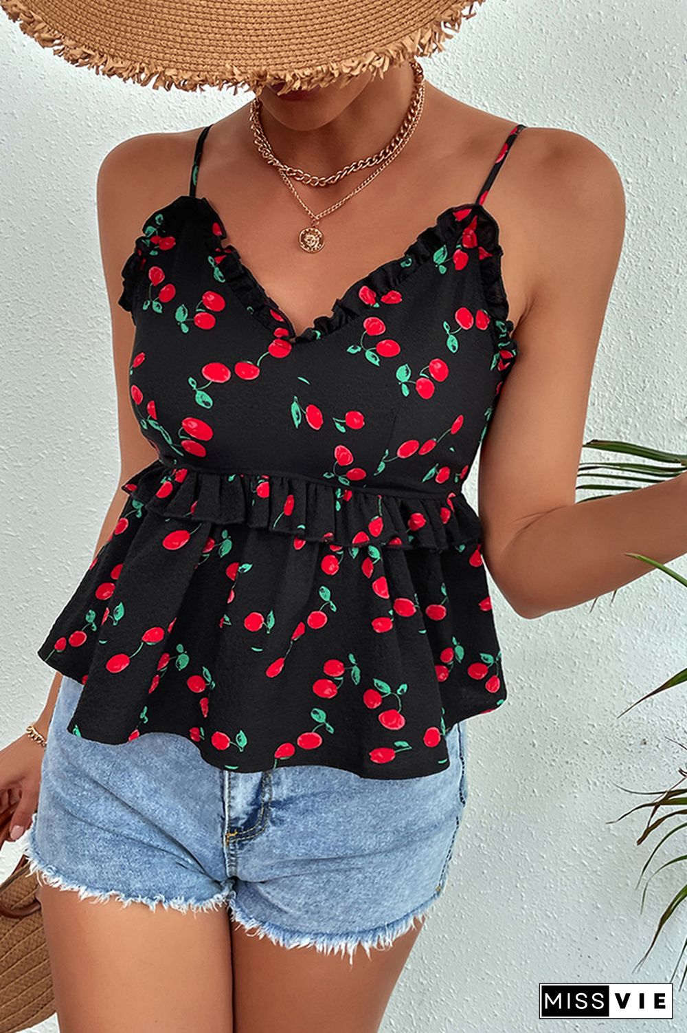 Sleeveless Nipped Waist Cherry Print Camisole Top Wholesale