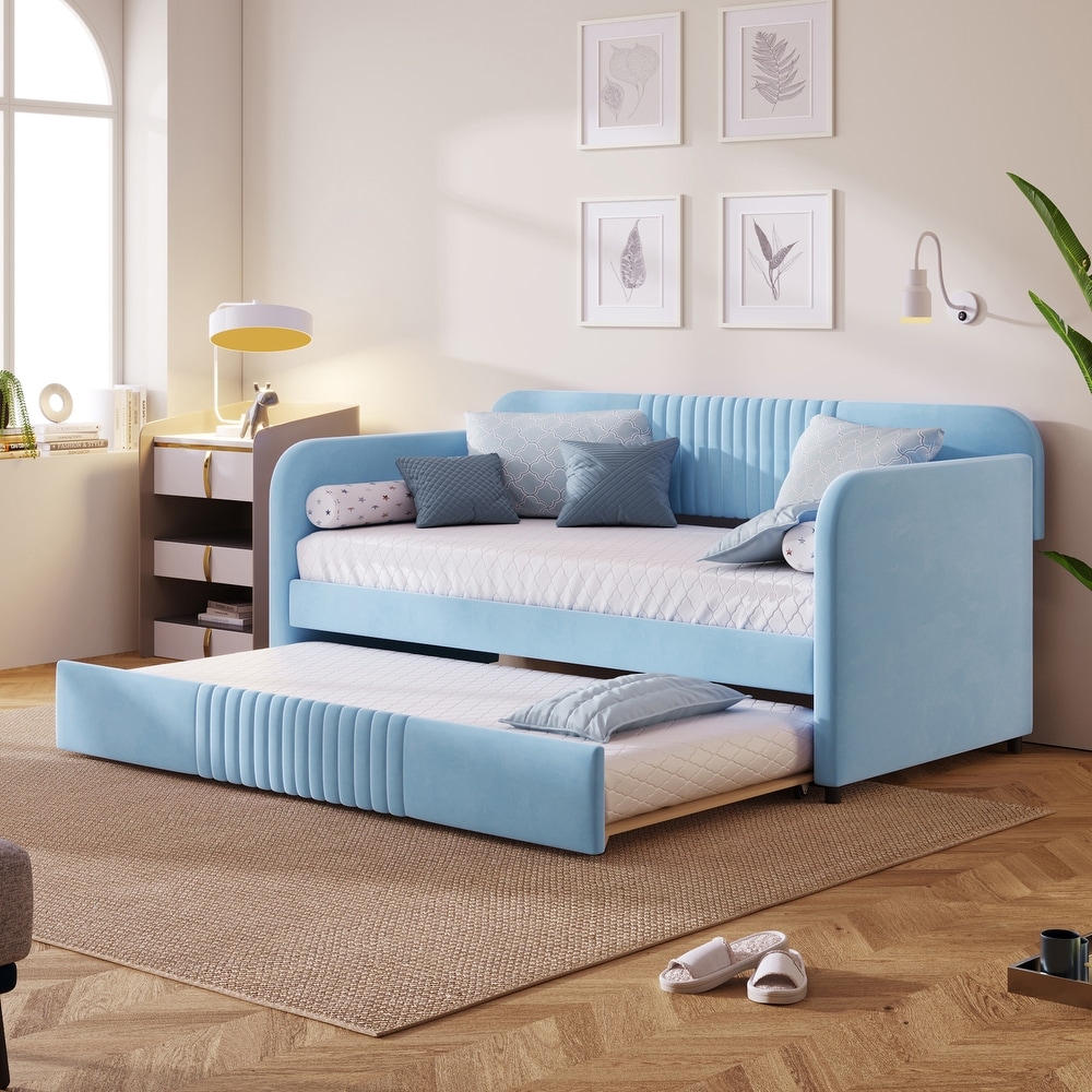 Sofa Bed Upholstered Daybed Sofa Bed Twin Size With Trundle Bed and Wood Slat Sleeper Sofa