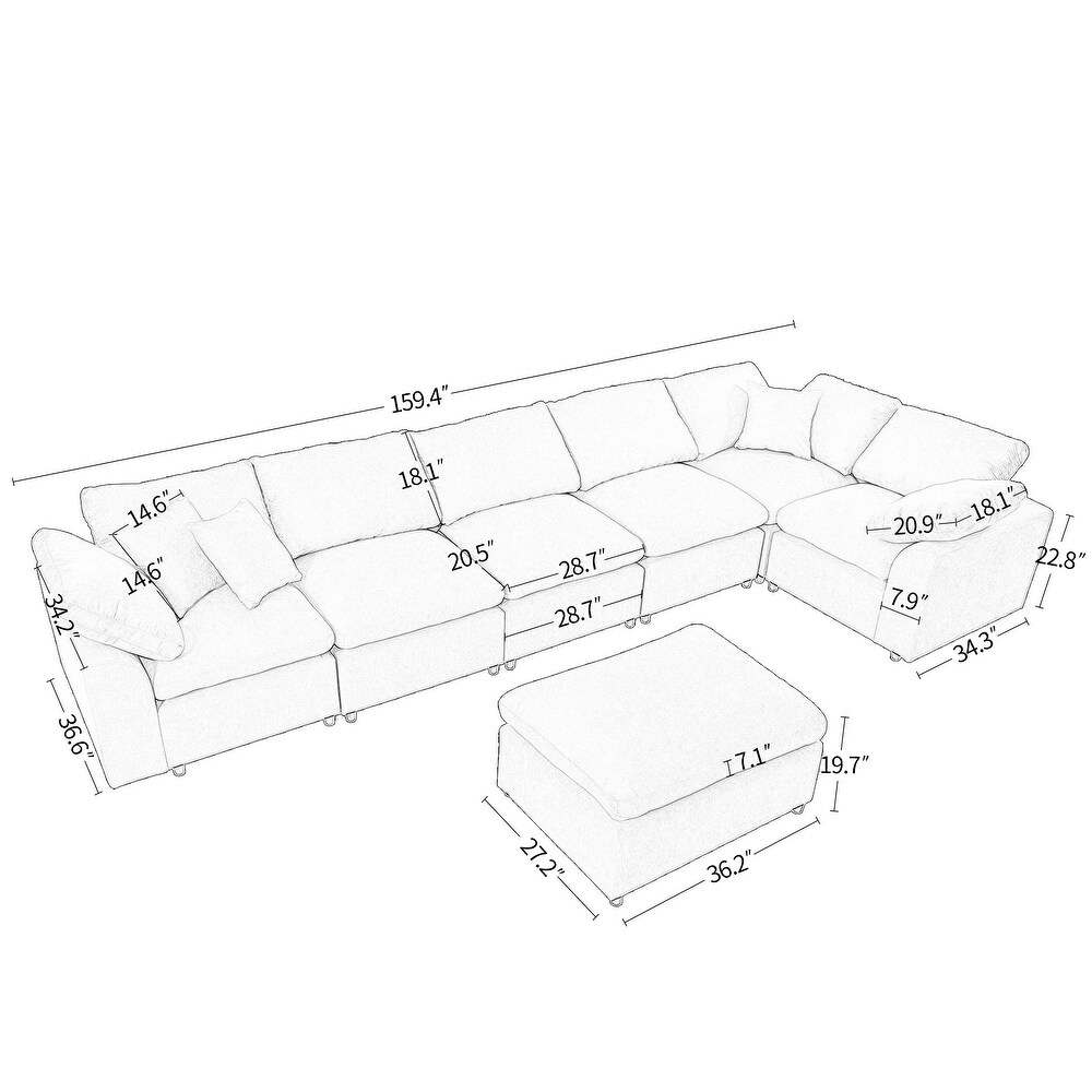 Oversized Modular Corner Sofa L Shaped Sectional Sofa w/Ottoman 7 Seat Sectional Sofa w/Removable Cushions for Livingroom