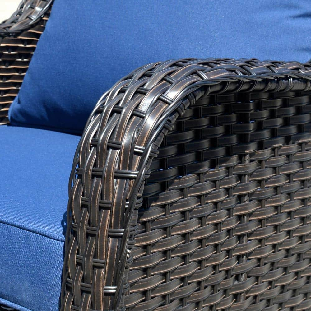 OVIOS New Kenard Brown 5-Piece Wicker Outdoor Patio Conversation Seating Set with Navy Blue Cushions NTC700