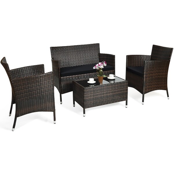 Costway 4PCS Rattan Patio Furniture Set Cushioned Sofa Chair Coffee