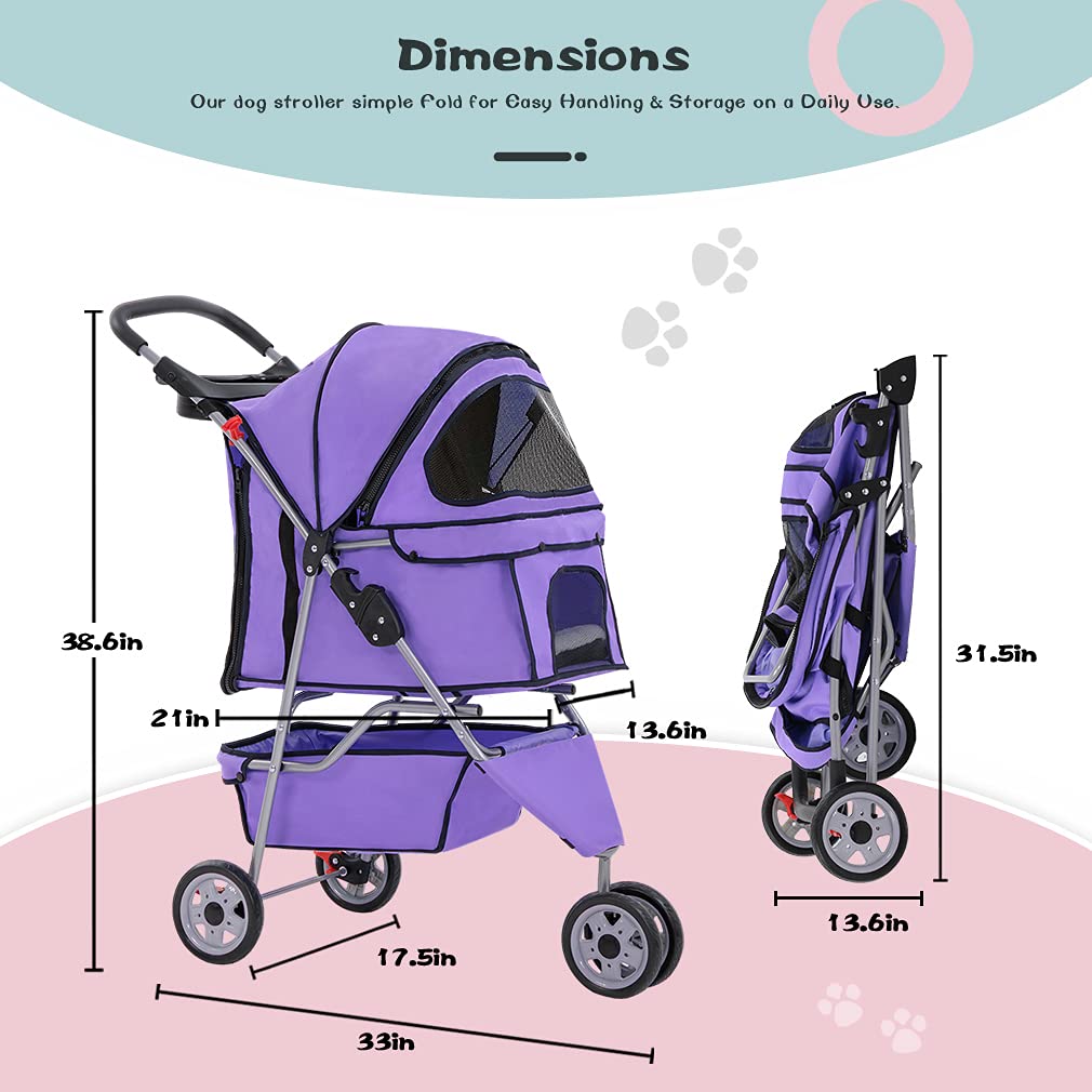 BestPet 3 Wheel Collapsible Pet Stroller，Purple