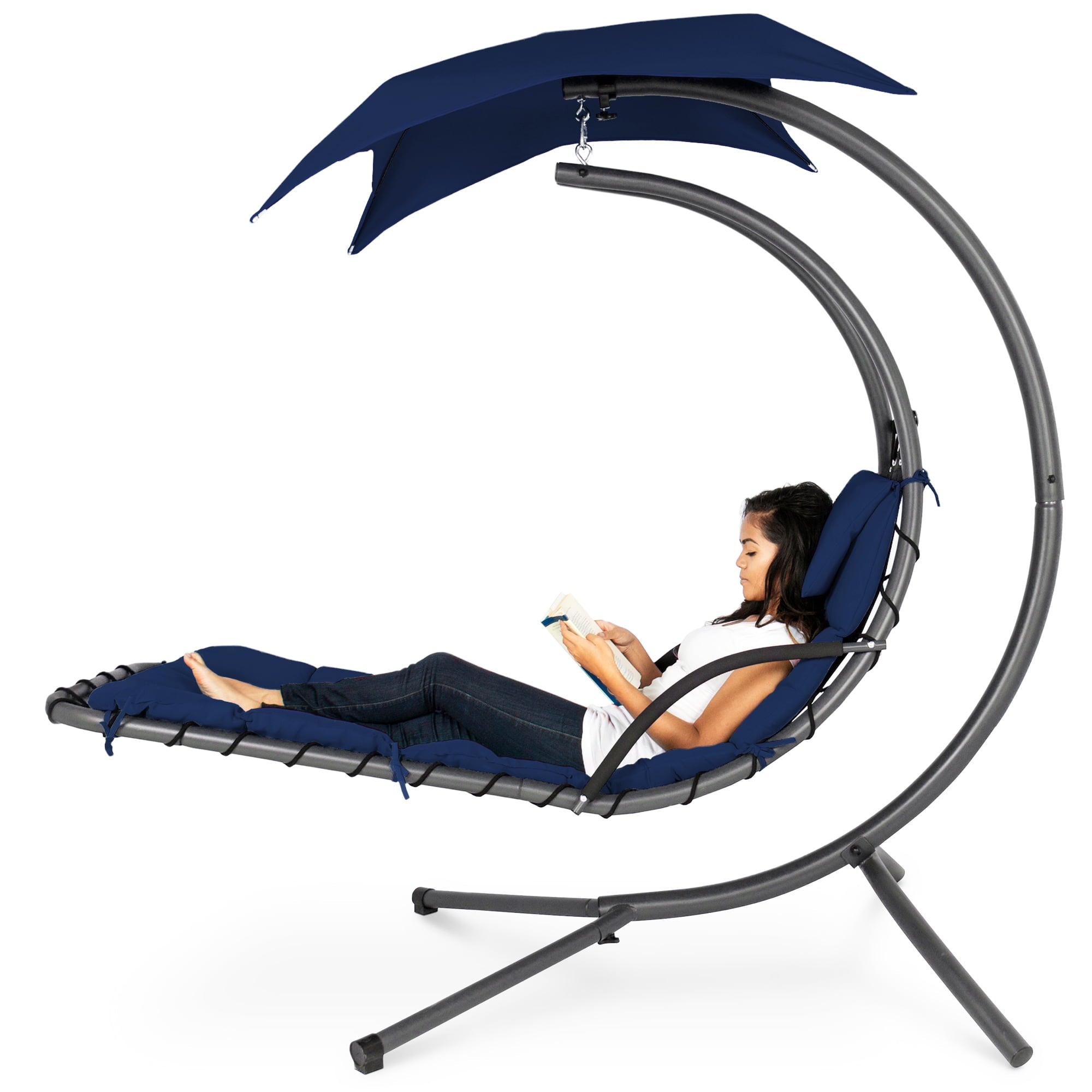 Best Choice Products Hanging Curved Chaise Lounge Chair Swing for Backyard, Patio w/ Pillow, Shade, Stand - Navy Blue