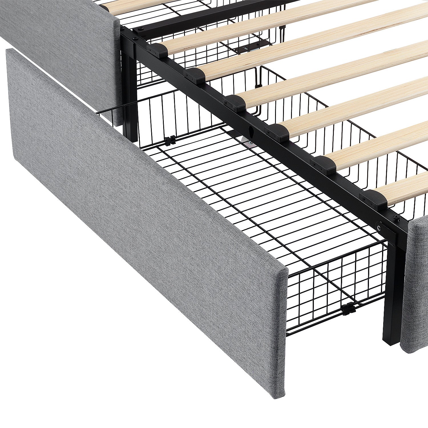 Upholstered Bed Frame with 4 Drawers Storage and Headboard with Wood Slat Support, No Box Spring Needed