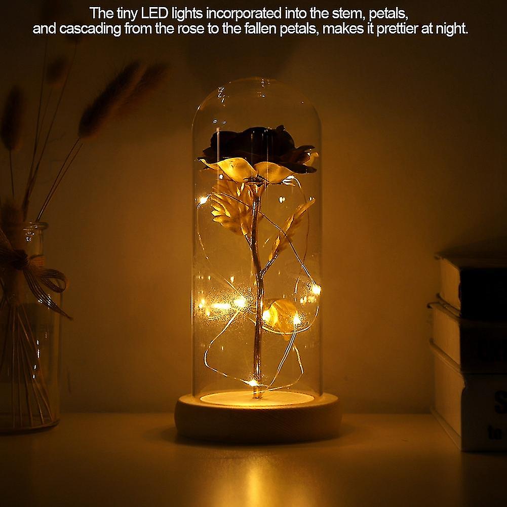 Preserved Rose Flower LED Light with Glass Cover andamp; Wooden Base Valentines'Day Wedding Golden