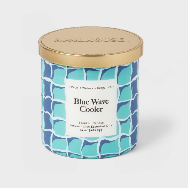 2 wick 15oz Glass Jar Candle With Patterned Sleeve Blue Wave Cooler