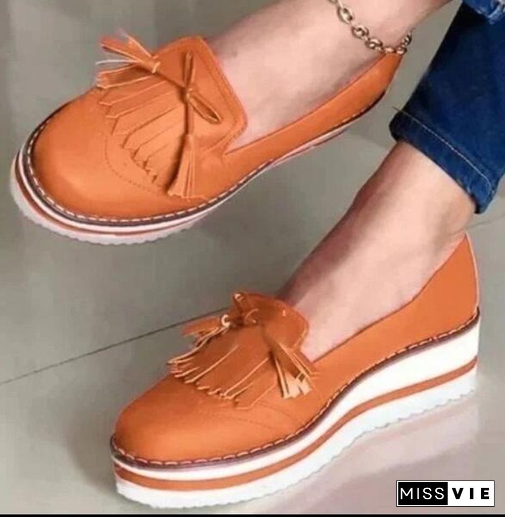 Women Loafers Platform Woman Slip On Sneakers Tassel Bowtie Women'S Soft Pu Leather Sewing Flat Female Shoes All Seasons 927