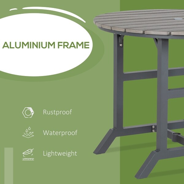 Outsunny Round Patio Table with Umbrella Hole，Outdoor Dining Table for 4 People，Aluminum Frame and Slatted HDPE Tabletop