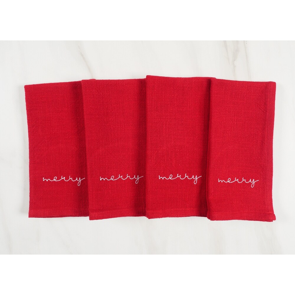 Napkins Holiday Red Embroidered Monaco   Merry (Set of 4)   20\