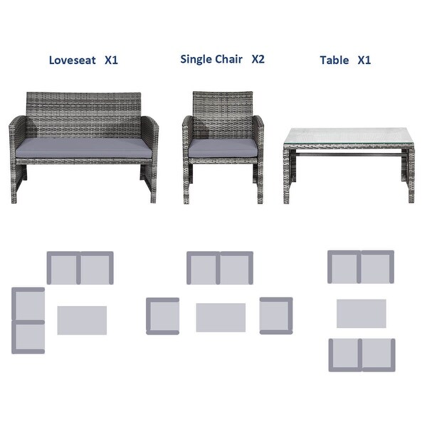 Costway 4PCS Patio Rattan Furniture Set Conversation Glass Table Top