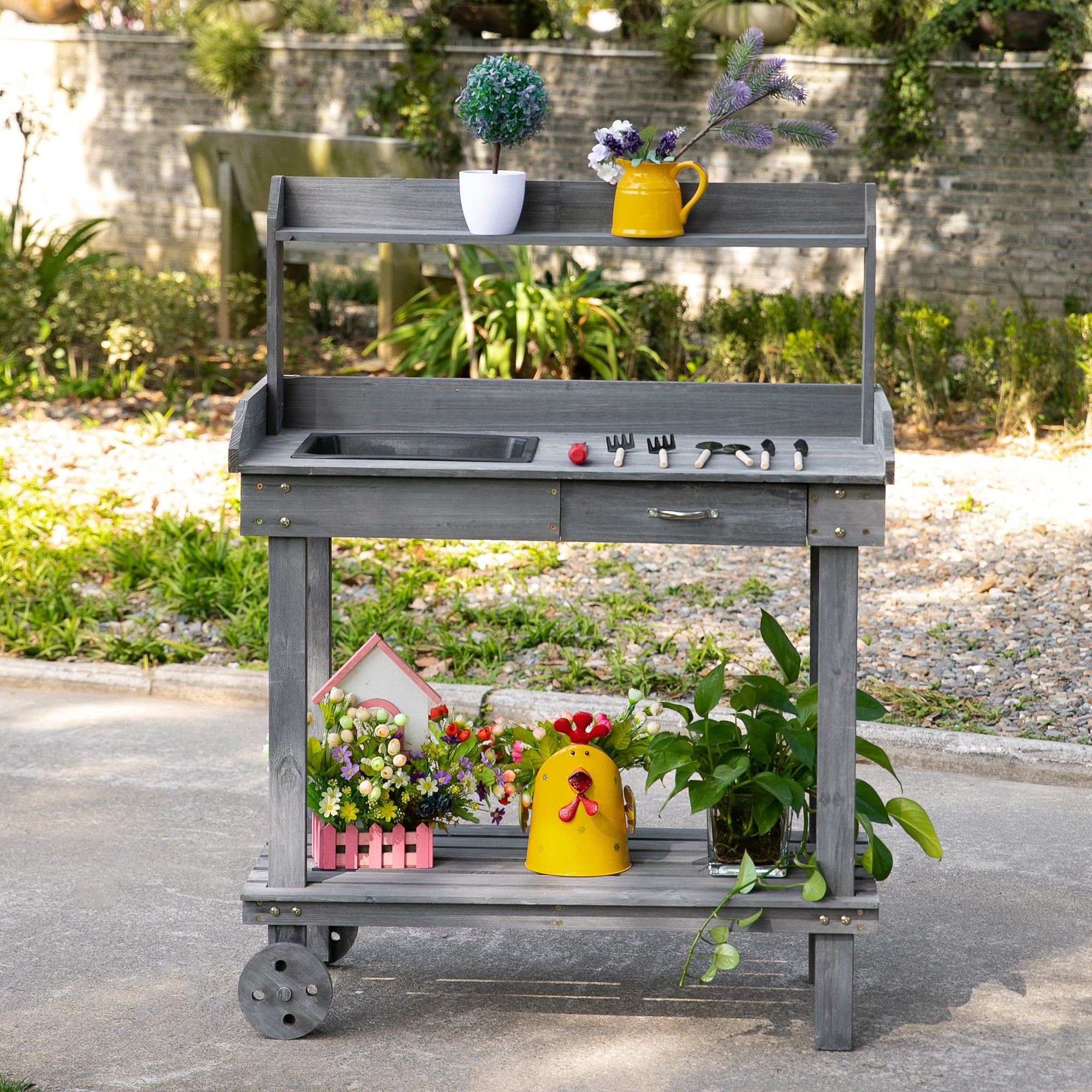 Wooden Potting Bench Table with Drawer Sink Hook Open Shelf for Outside