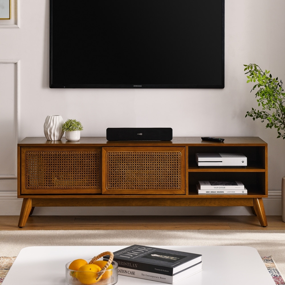 Rattan TV Stand Media Console Entertainment Cabinet for Living Room Bedroom w/ Wood Feet   Rattan Sliding Cabinet Doors