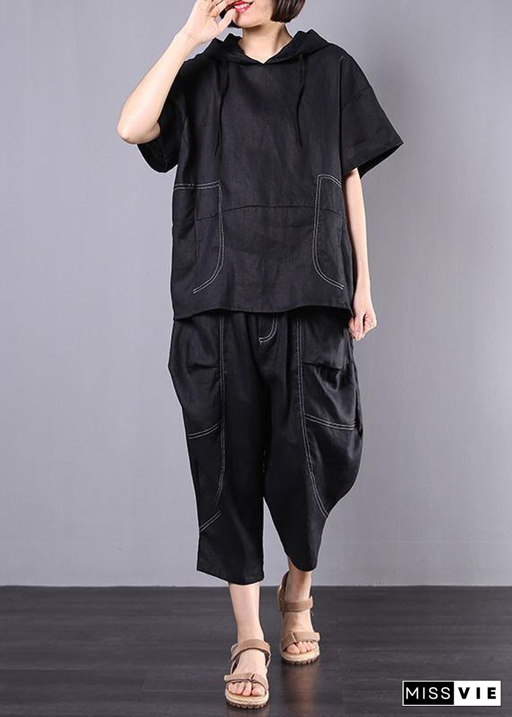 summer black casual linen two pieces hooded blouse with casual harem pants