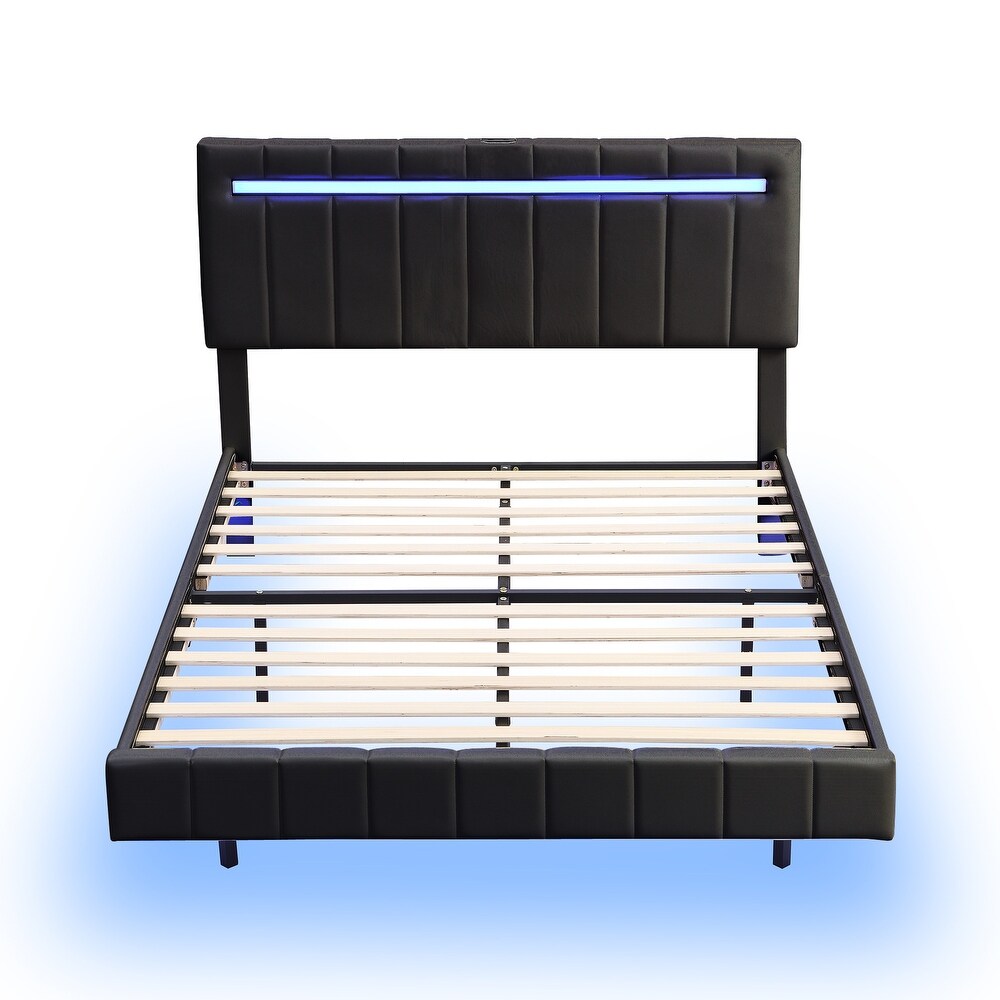 Floating Bed Frame with LED Lights and USB Charging Modern Upholstered Platform LED Bed Frame