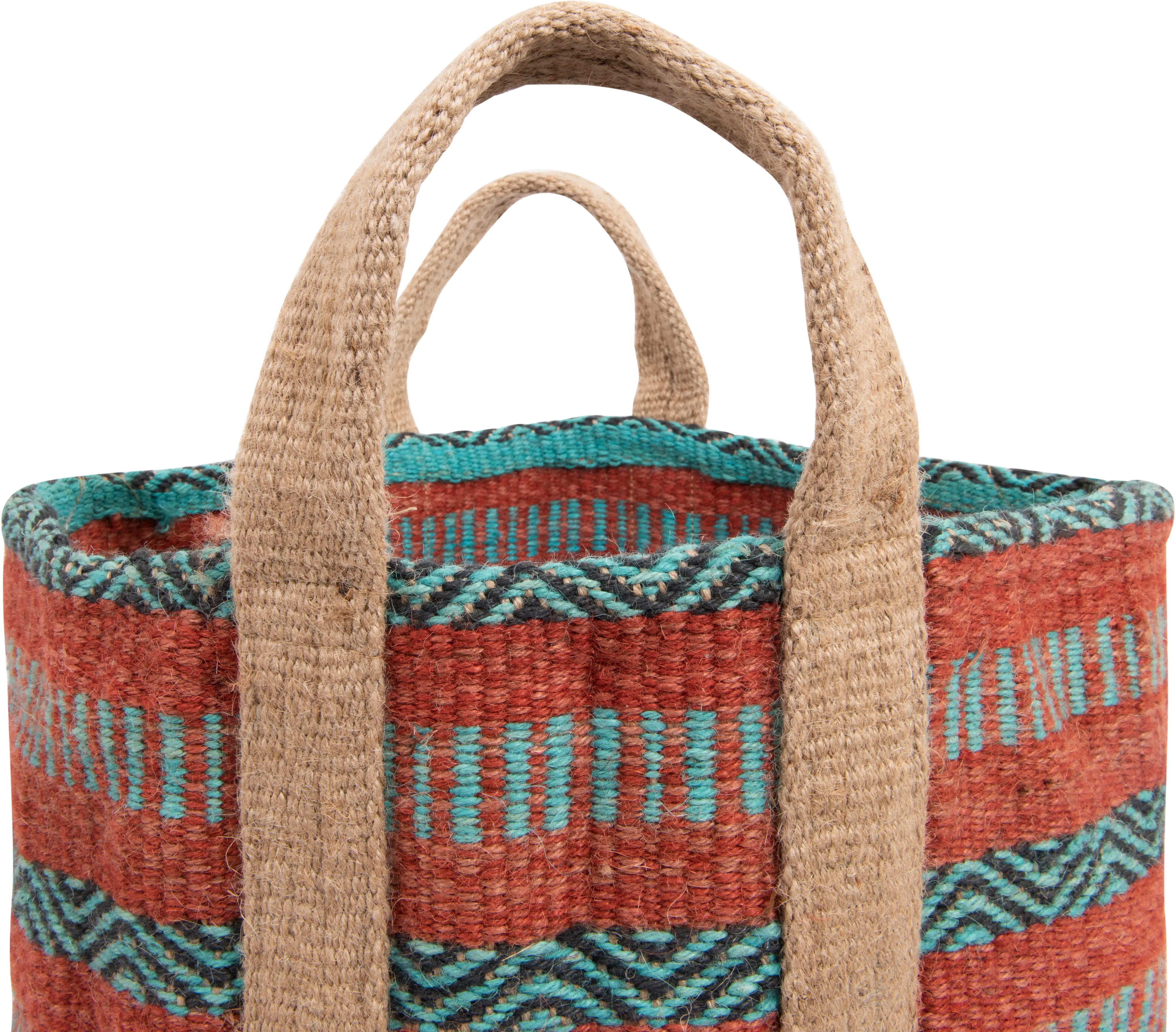 Coral and Teal Striped Jute Bag with Handles