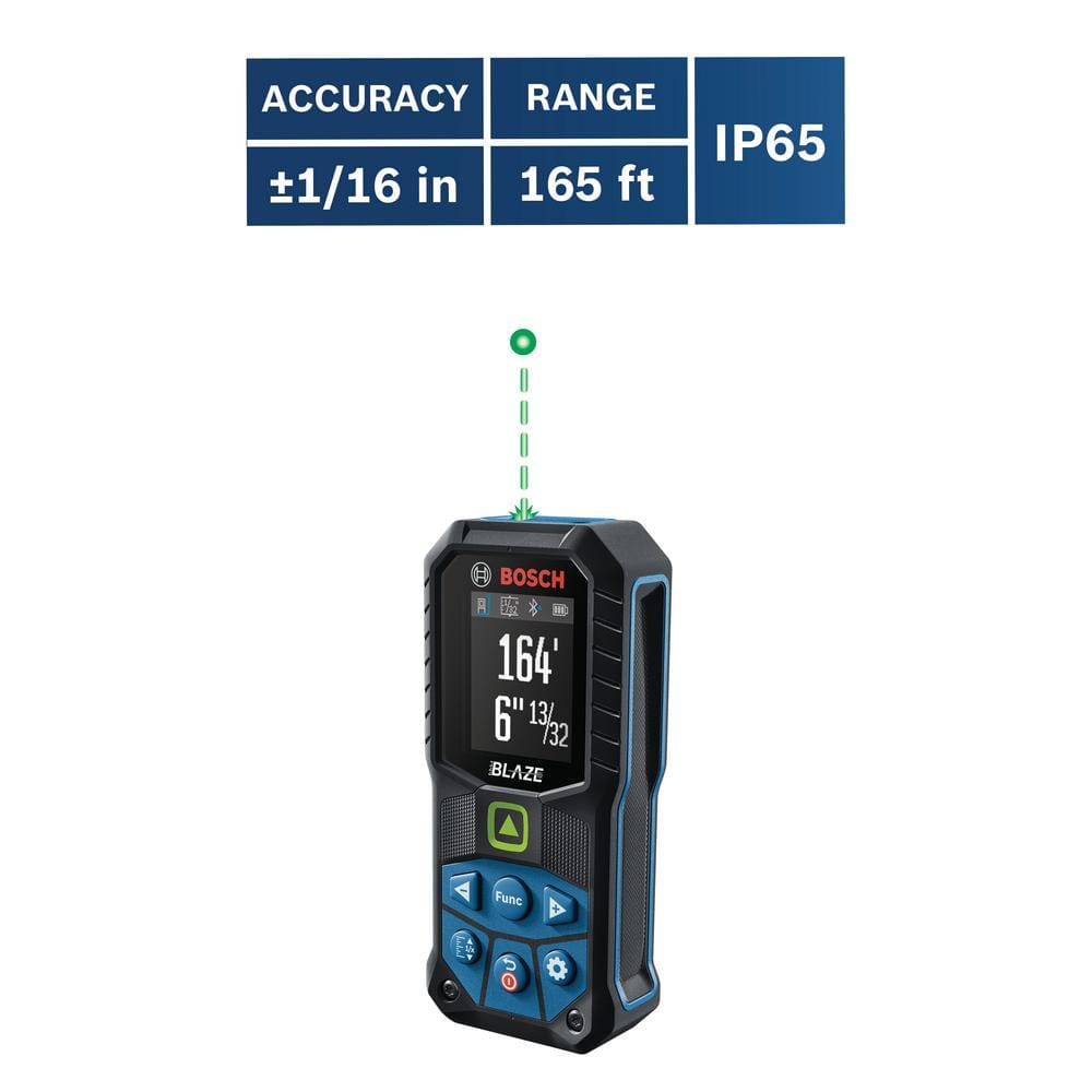 Bosch BLAZE 165 ft. Green Laser Distance Tape Measuring Tool with Bluetooth, Haptic Feedback, and Measurement Rounding GLM165-27CG