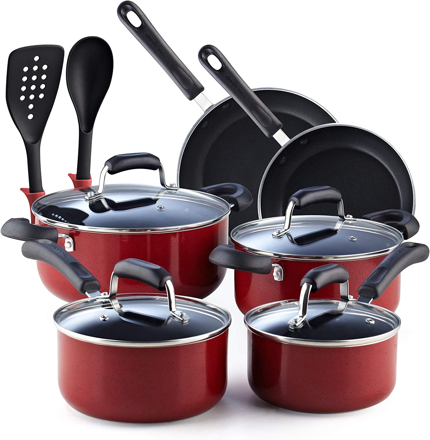 Cook N Home 2601 Stay Cool Handle Pattern 12-Piece Nonstick Cookware Set， Marble Red