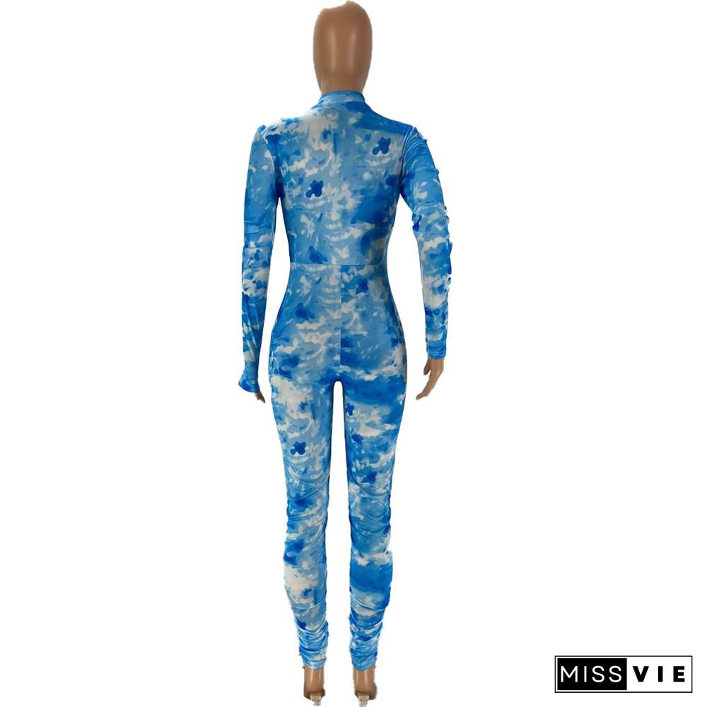 Pleated Tie-dye Sport Casual Long Jumpsuit With Mask