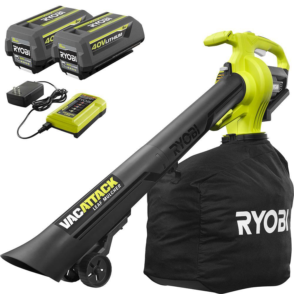 RYOBI 40V Vac Attack Cordless Leaf VacuumMulcher with (2) 5.0 Ah Batteries and (1) Charger RY40451-2B