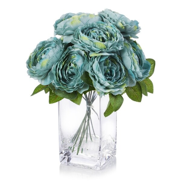 Enova Home Artificail Silk Peony Fake Flowers Arrangement in Clear Glass Vase with Faux Water for Home Office Decoration