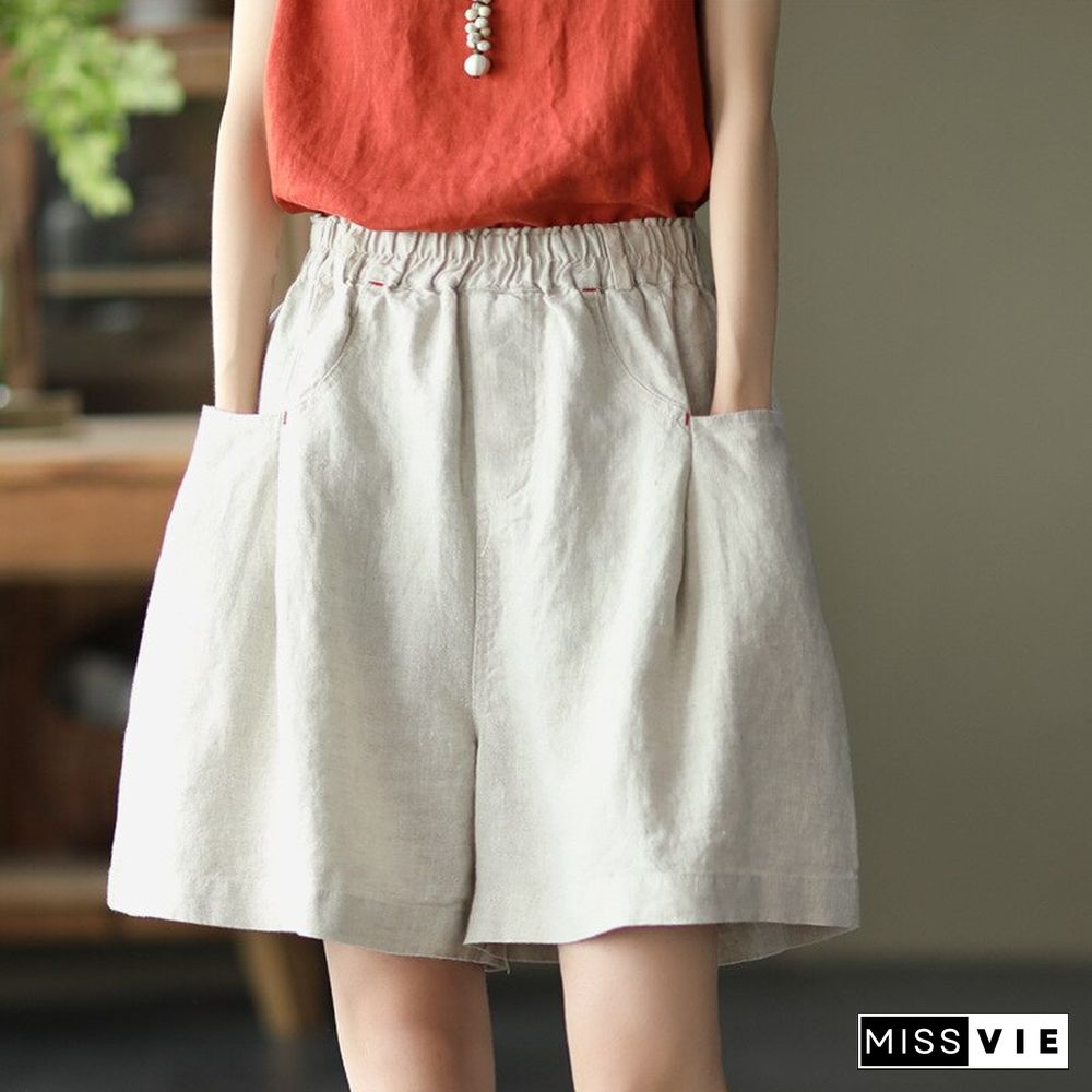 Summer New All-Match Pure Linen High Waist Shorts Elastic Waist Loose And Thin Wide-Leg Pants Casual Solid Color Shorts Woman