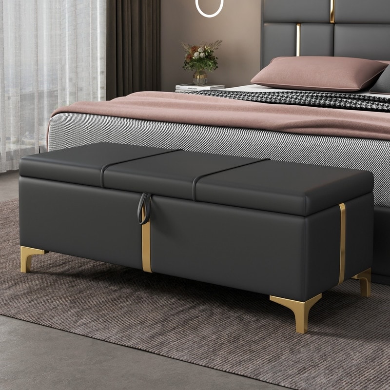 Elegant Style Large Upholstered Storage Ottoman  Storage Bench with Metal Legs  Modern Bed End Bench