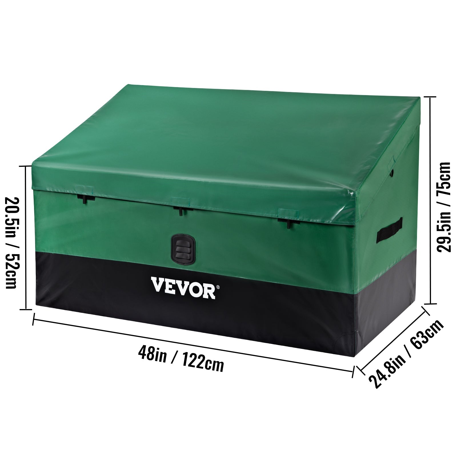 VEOVRbrand Outdoor Storage Box, 100 Gallon Waterproof PE Tarp Deck Box w/ Galvanized Frame, All-Weather Protection & Portable, for Camping, Garden, Poolside, and Yard,Black &Green