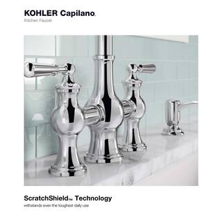 KOHLER Capilano 2-Handle Bridge Farmhouse Pull-Down Kitchen Faucet with Soap Dispenser and Sweep Spray in Polished Chrome K-R21070-SD-CP