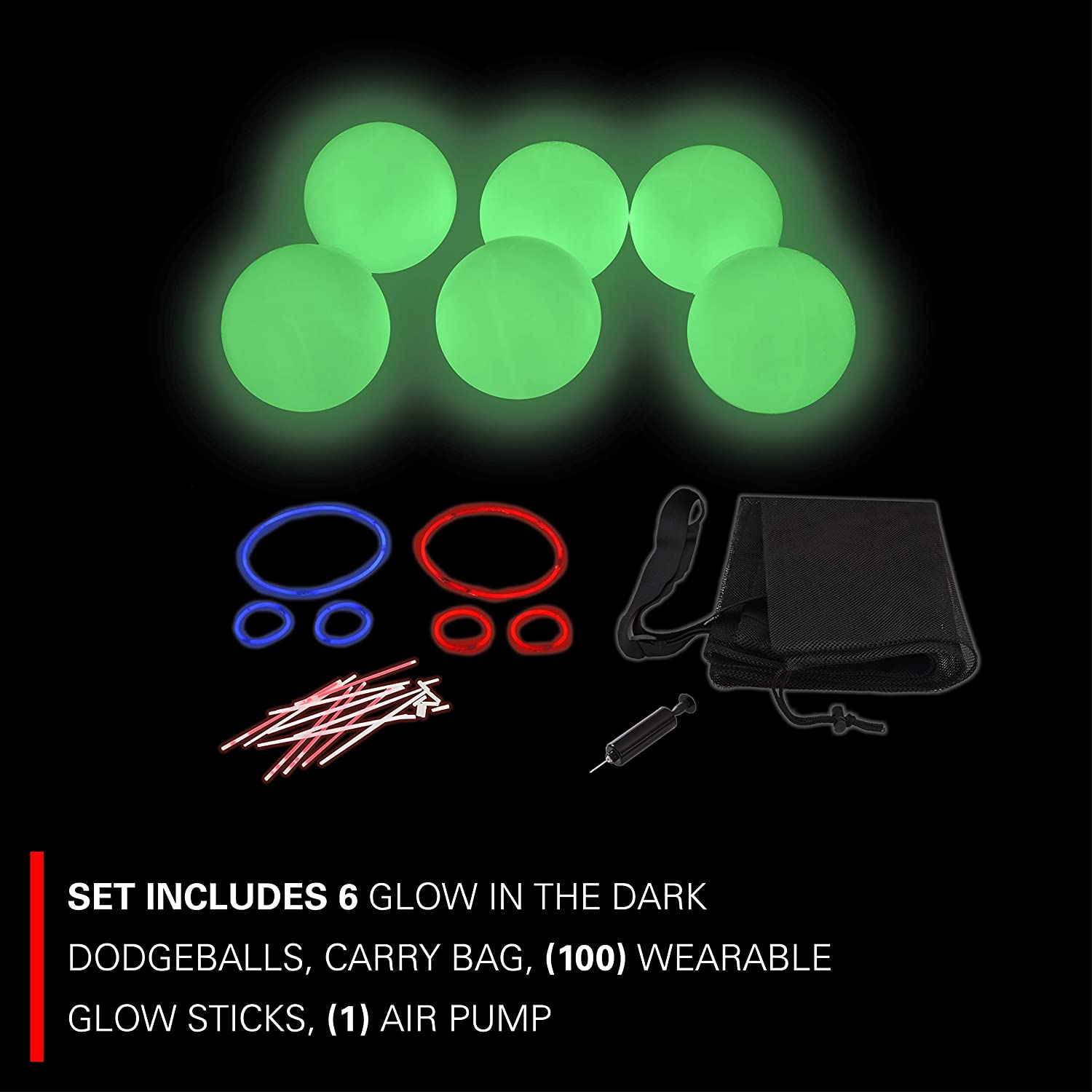 Rukket Sports Glow in the Dark Dodgeball Set for All Ages, Carry Bag & Air Pump Included